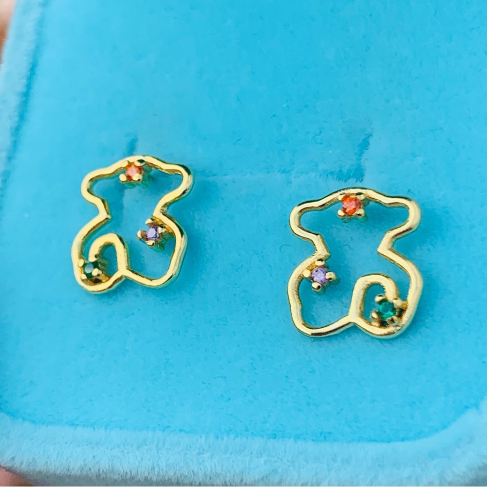 Tous Gold Wired Spanish Bear With Mini 3-Color Gems Pin Studs Earrings